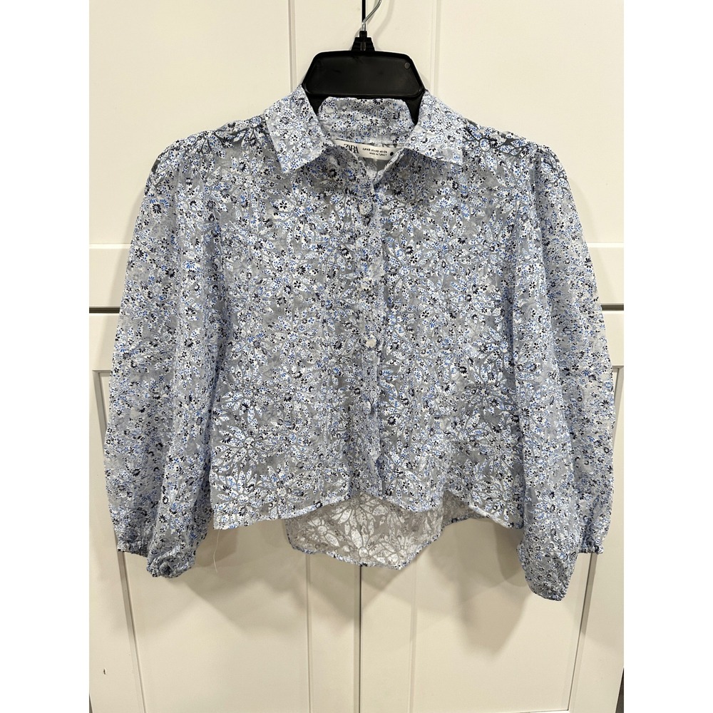ZARA Blue Floral Sheer Puff Sleeve Button Down Shirt Top XS